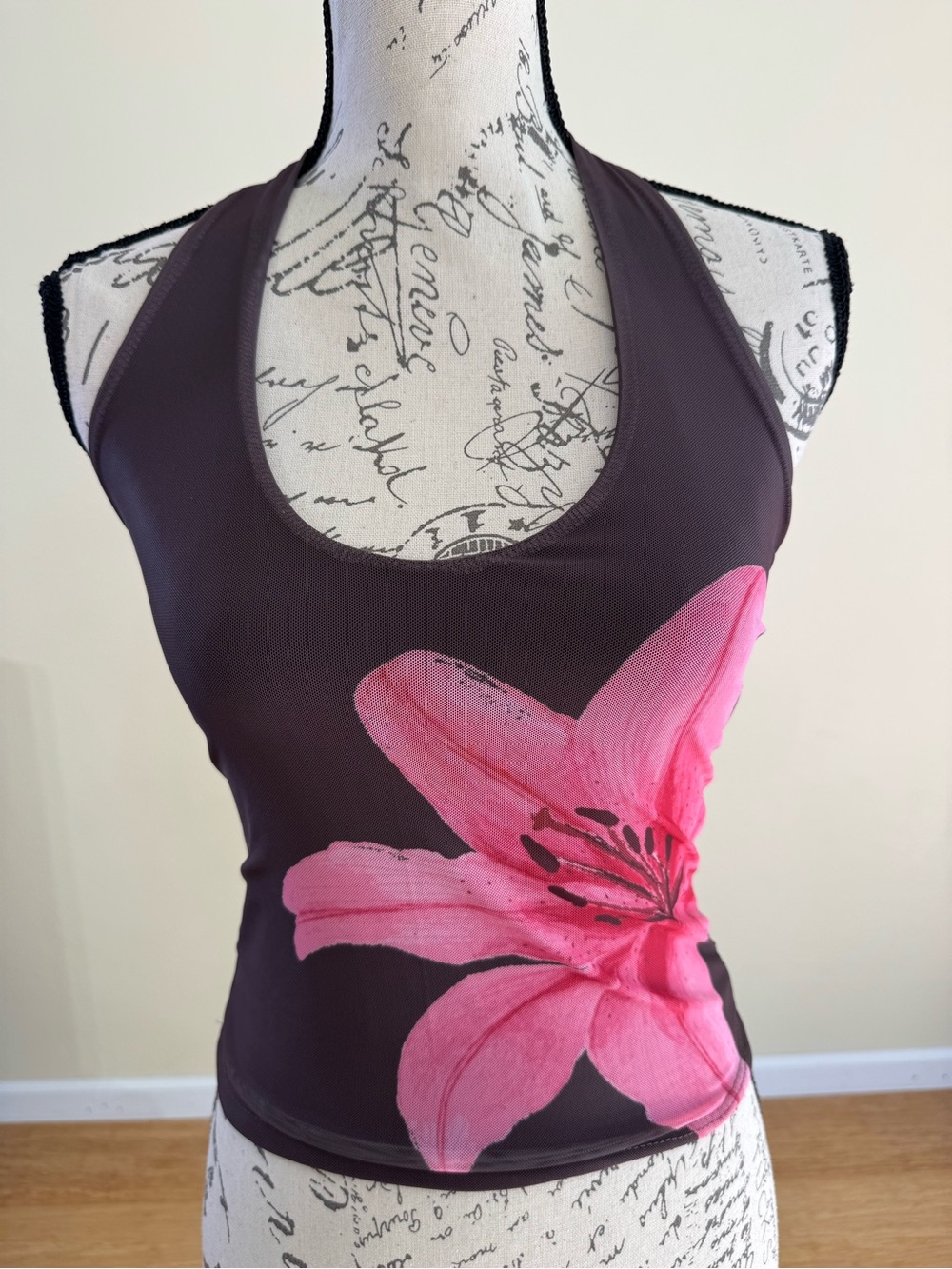 Pink Rose Brown Tank with Large Pink Floral Size S